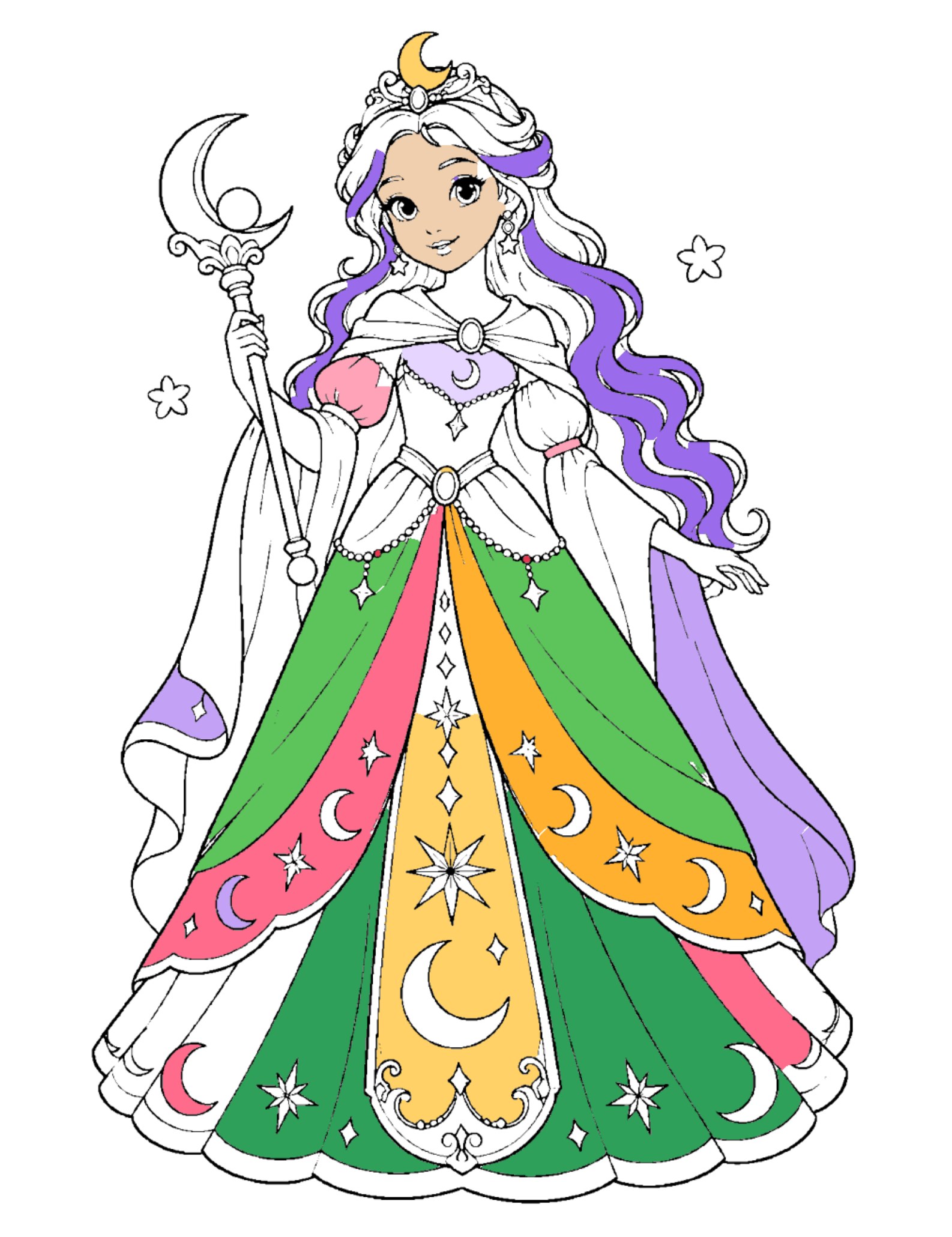 Moon Princess coloring page, colored in Tintopia with purple hair, a green and gold gown and pink details